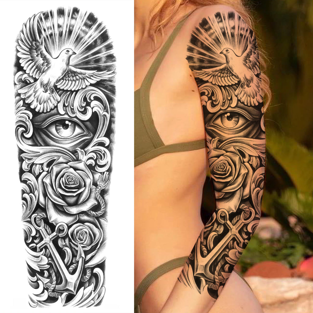 1 Sheet Full Arm Compass Zeus Skull Tiger Lion Flower Temporary Tattoos Sleeve For Men Women Adults Fake Temp Sticker Tattoo