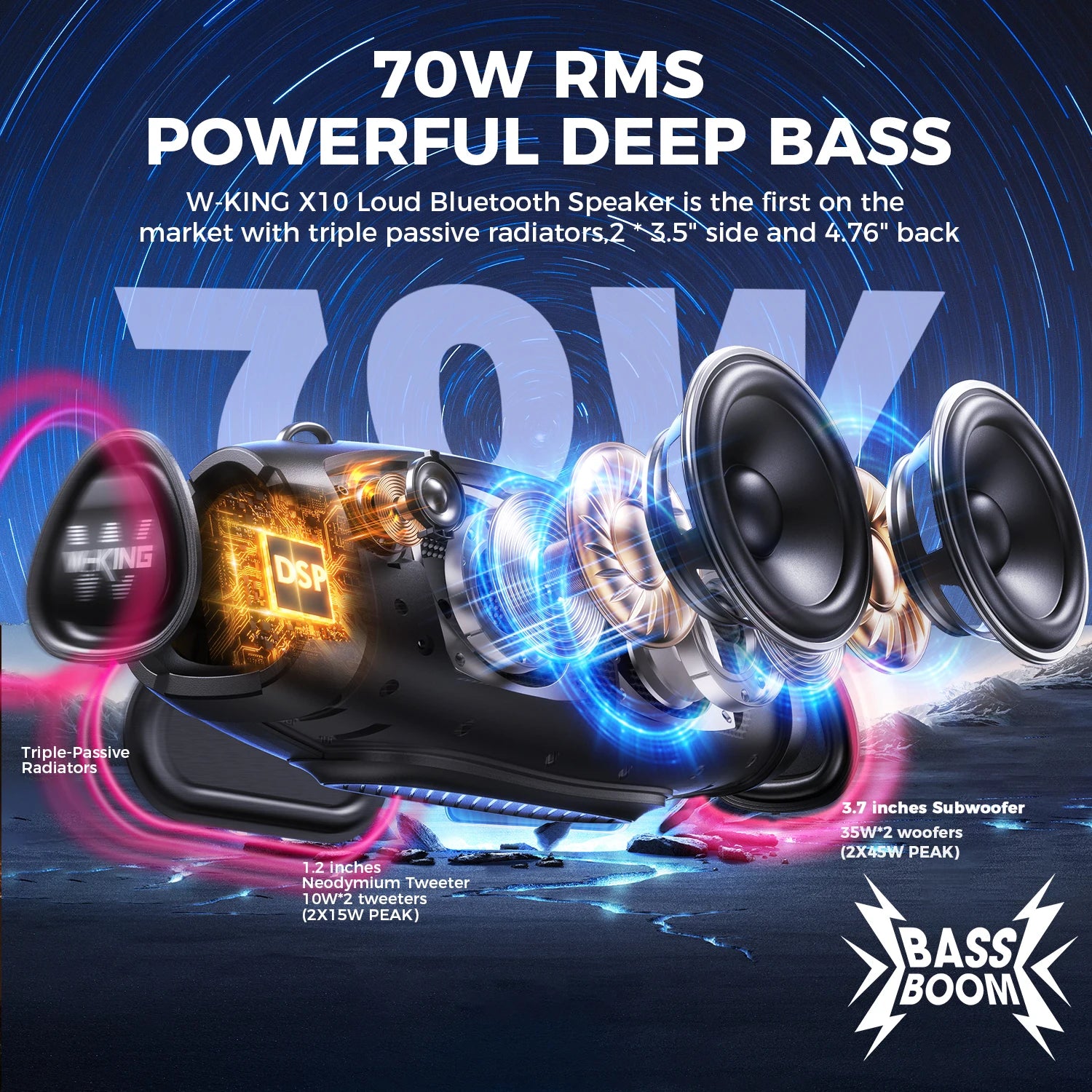 W-KING (120W PEAK)70W Portable Loud Bluetooth Speakers with Wireless Microphone,  Waterproof Outdoor Wireless Bluetooth Secondary image