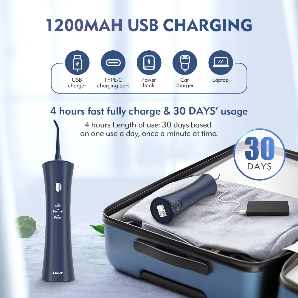 Sejoy Portable Electric Oral Irrigator Dental Water Flosser 6 Jets 3 Modes Rechargeable Smart Dental Water Jet Teeth Cleaner