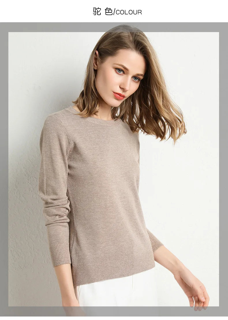 Women Slim O-Neck Pullover Cashmere Wool Blending Sweater Autumn And Winter Long-Sleeved Knit Bottoming Shirt Large Size 2024