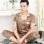 High Quality Pajamas Set Men Spring Autumn Thin Polyester Ice Silk Long-sleeved Sleepwear Plus Size Summer Home Clothes Male