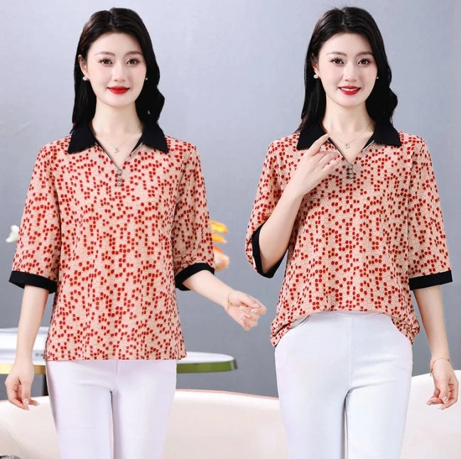Summer half sleeve Shirt Fashion Commute All-match Ice Silk Printed Button Loose Women's Blouses Top