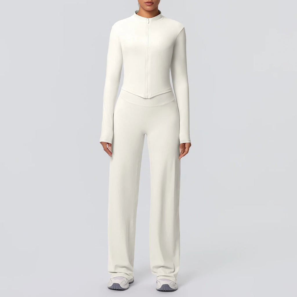 2pieces Quick Drying Sports Fitness Clothing Yoga Set Women Yoga Zipper Long Dleeves High Waisted Breathable Wide Leg Pants Set