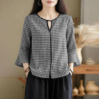 ZANZEA Women Summer Plaid Patchwork Blouse 3/4 Flare Sleeve Cut Out Tops Casual Loose Shirt Retro Chemise Female Work Blusas