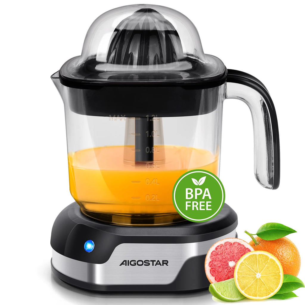 Aigostar Electric Citrus Juicer, 1.2L Large Capacity Juicer with LED Work Light and 2 Removable Cones, Lemon Squeezer for Orange