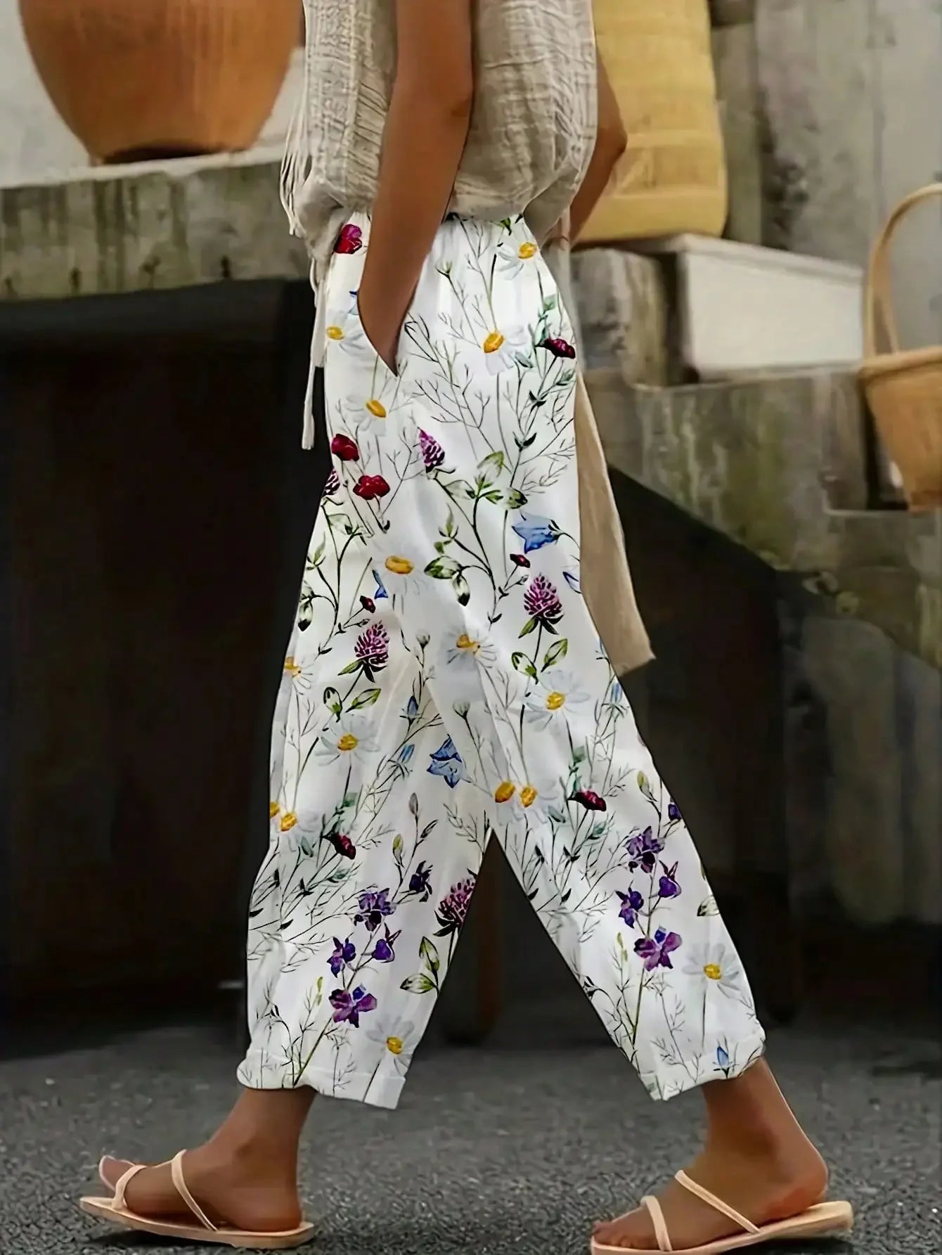 Plus Size 1XL-5XL Women's Fashion Floral Print Straight Elastic Drawstring Pocket Pants Ladise Casual Versatile Pants
