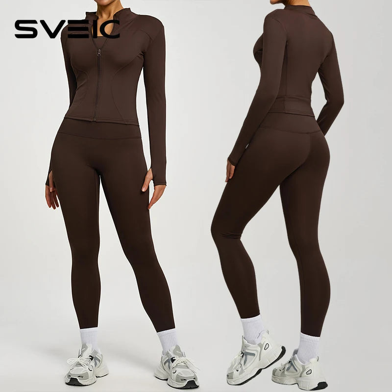 SVEIC Women's Two Piece Tracksuit Yoga Set Long Sleeve Jacket High Waisted Leggings Breathable Gym Clothes For Women Sportswear Main image