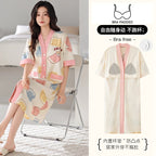 SUKAE Midi Nightdress M-5XL V-neck Bra Padded Botton Sleepshirt Plus Size Cotton Nightgowns Summer Women Short Sleeves Nightgown