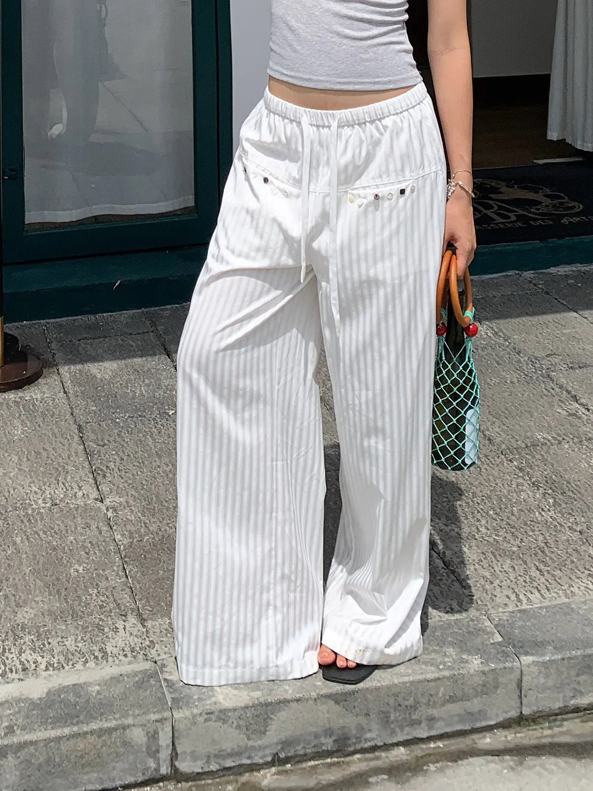 Women White Striped Wide Leg Pants Summer Loose Straight Leg Trousers Slimming Floor-length Casual Long Pants for Daily Wear Main image