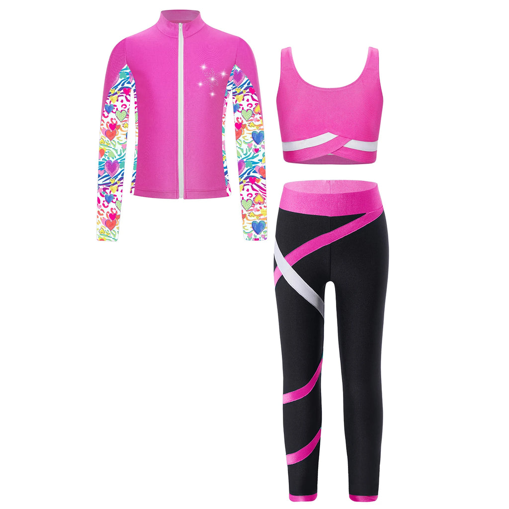 3Pcs Kids Girls Skating Athletic Fitness Workout Tracksuit Sleeveless Vest Top +Pants with Long Sleeve Zipper Sweatshirt Gym Set