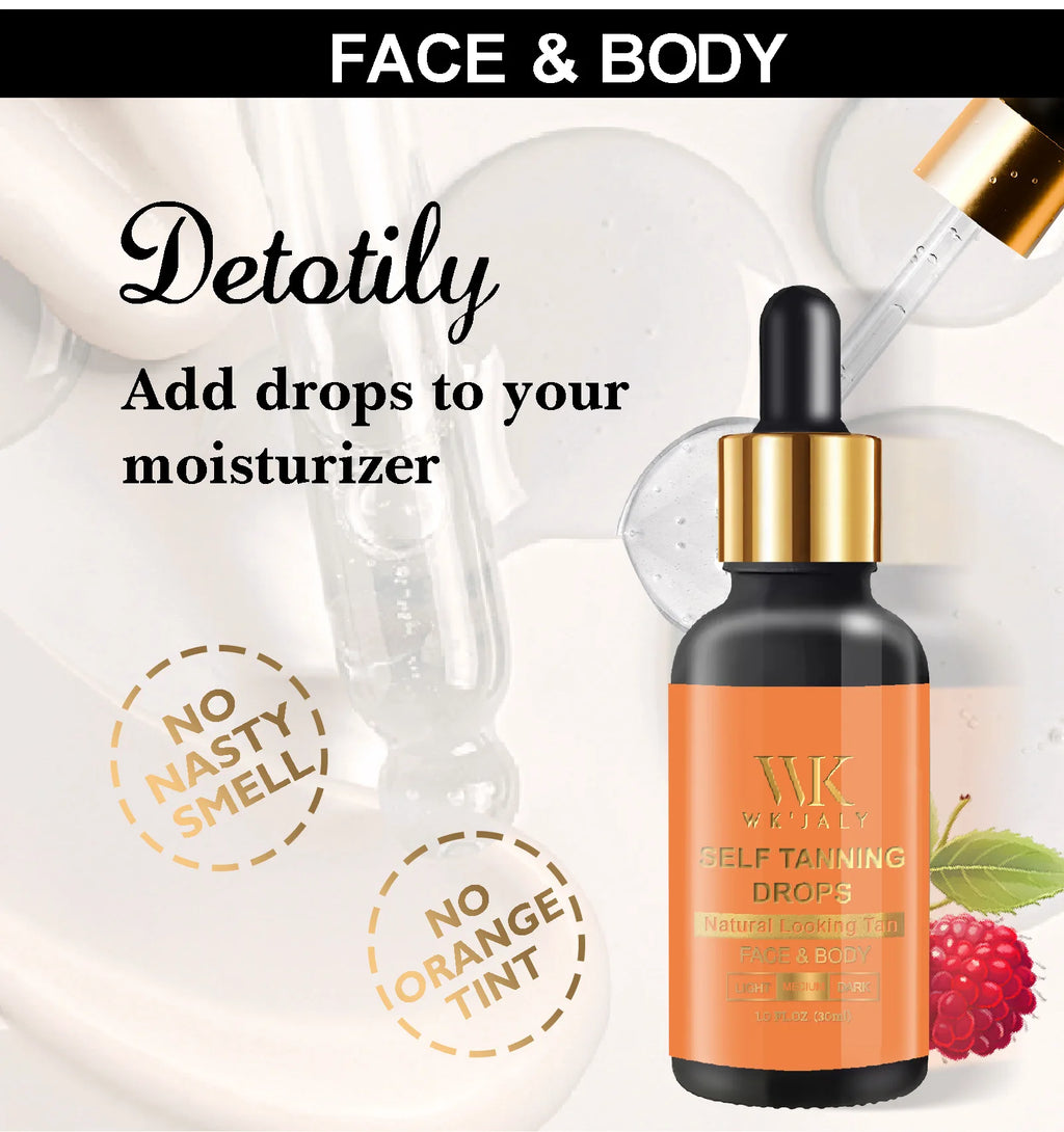 WK JALY Medium Self Tan Drops, Natural Glow Sun Bronzing Drops, Sunless Tanning for Face, Body, Add to Skin Care for Custom Tan