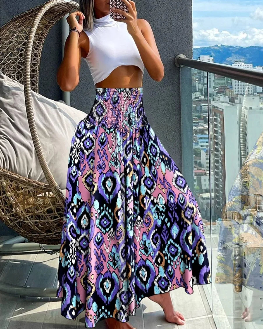 Fashion Cotton Women Floral Print Skirt Side Tie Beach Skirts Summer High Waist Wrap Flower Long Skirt Main image
