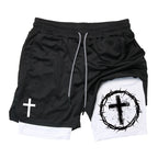 Print 2 in 1 Running Workout Shorts for Men Christian Gym Athletic Performance Shorts with Phone Pocket Towel Loop Activewear