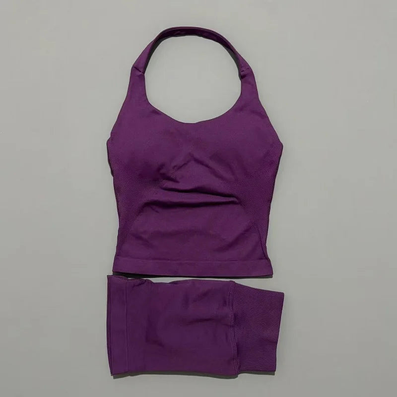 2pcs Sports Set Women Backless Tank Tops High Waist Scrunch Seamless Shorts Fitness Clothes Activewear Workout Sets Gym Suit