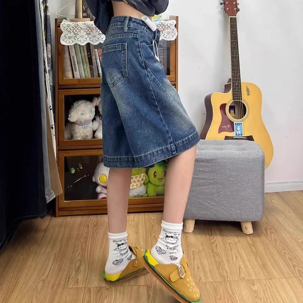 Spicy Girl Retro American Five-Point Denim Shorts Women Summer New Loose Design Slim Straight Leg Wide Leg Medium Pants