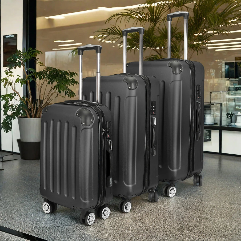 Comanlai 3Pcs Rolling Luggage Sets, Black Hard-shell Suitcases, Classical Striped Design, with 360° Universal Wheels, TSA Lock and Telescopic Handle,  for Business Outdoor Travelling