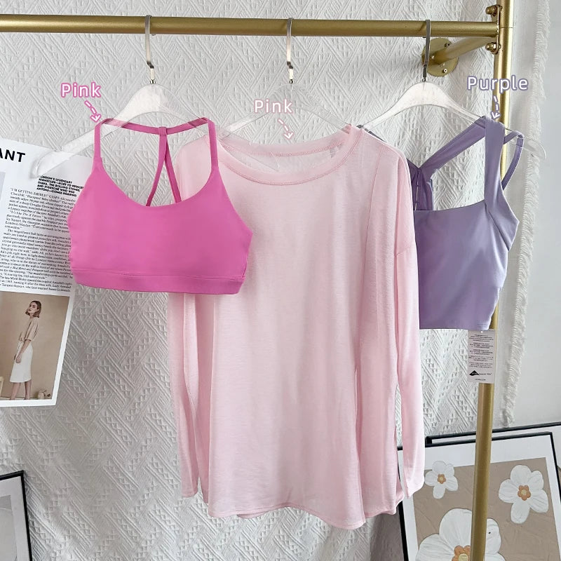 Women's Yoga Shirts Sports Tops Long Sleeve O-neck Breathable Running Shirt Loose Fitness Clothes Gym Sportwear Pilates T-shirts
