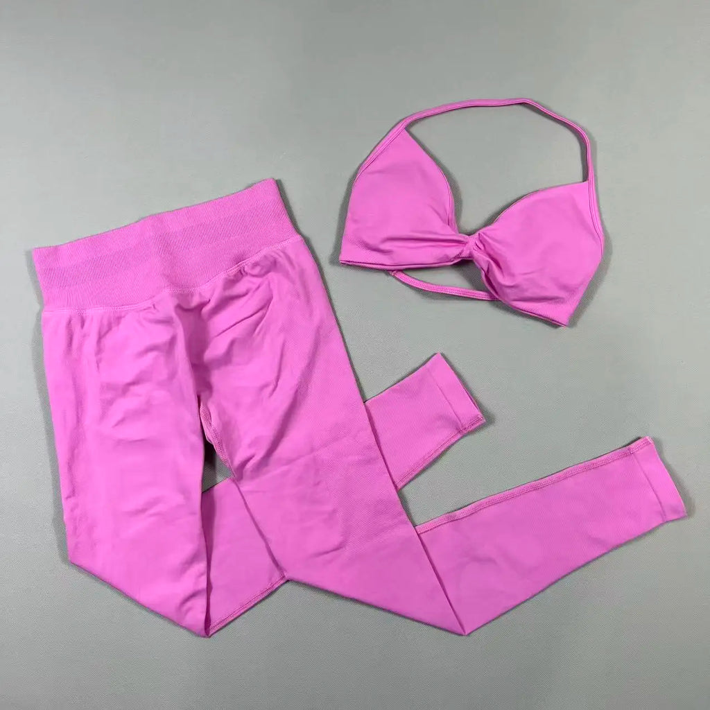UETEEY Set For Woman Strappy Yoga Bra Sports Top Workout Leggings Set Seamless Gym Set Fitness Clothes Outfit Activewear