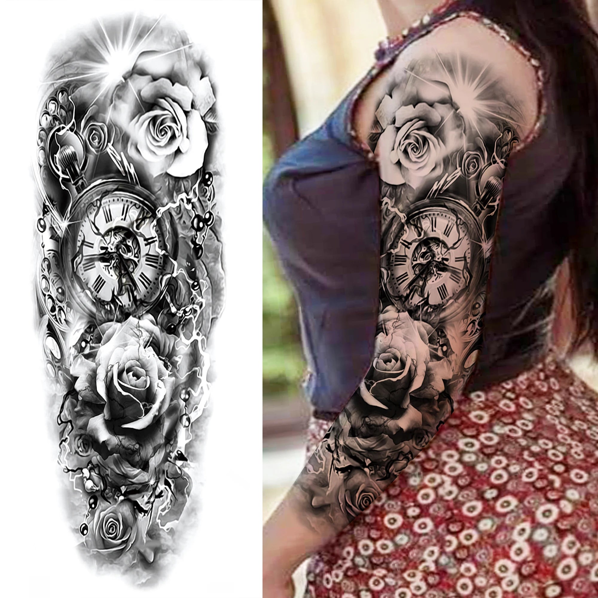 1 Sheet Full Arm Compass Zeus Skull Tiger Lion Flower Temporary Tattoos Sleeve For Men Women Adults Fake Temp Sticker Tattoo