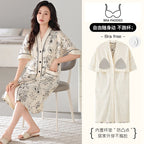 SUKAE Midi Nightdress M-5XL V-neck Bra Padded Botton Sleepshirt Plus Size Cotton Nightgowns Summer Women Short Sleeves Nightgown