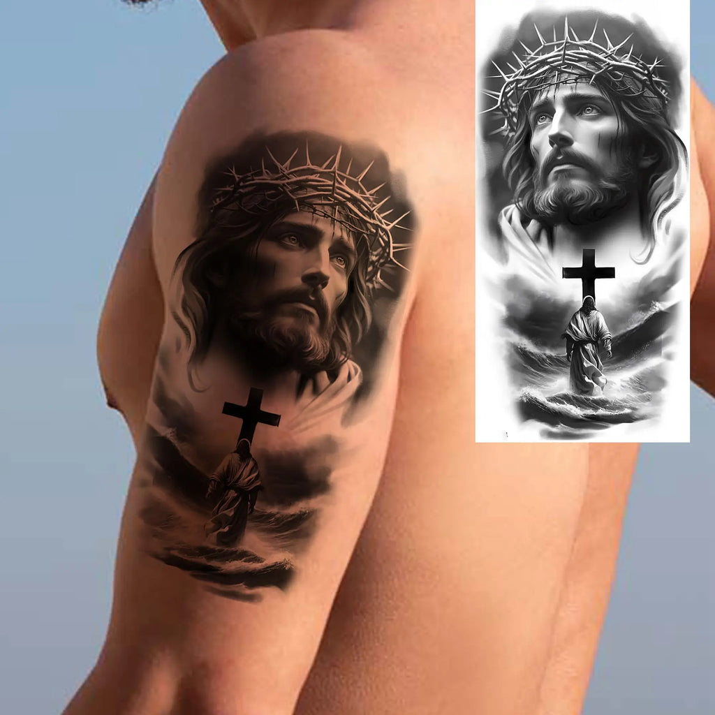 1 Sheet Realistic Jesus Holy Mother Pray Temporary Tattoos For Men Women Adults Long Lasting Waterproof Temp Fake Tattoo Sticker