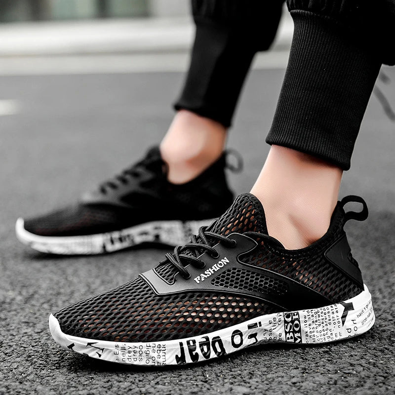 Summer Mens Black Hollow Mesh Sneakers Fashion Breathable Lightweight Casual Walking Shoes Printed Sole Outdoor Sports Footwear
