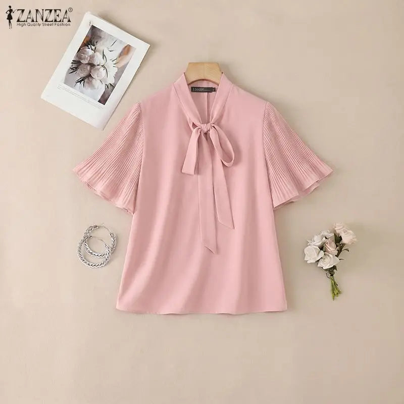 2026 ZANZEA Elegant Summer Blouse Women Stand Neck Short Sleeve Tops Stylish Solid OL Work Shirt Casual Lace-Up Holiday Tunic
