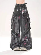 Y2K Harajuku Gothic Multi-Pocket Washed Black Jeans Men And Women 2000s Heavy Industry Drag Pants Street Hip Hop Wide Leg Pants