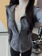 Women's hooded breathable outdoor running fitness yoga suit, woolen cardigan long sleeved top