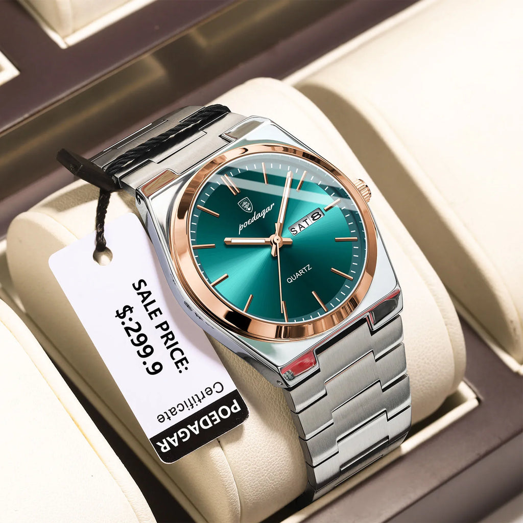 POEDAGAR Luxury Men's Watches Waterproof Luminous Date Week Men Watch Stainless Steel Casual Fashion Quartz Man Wristwatch Reloj