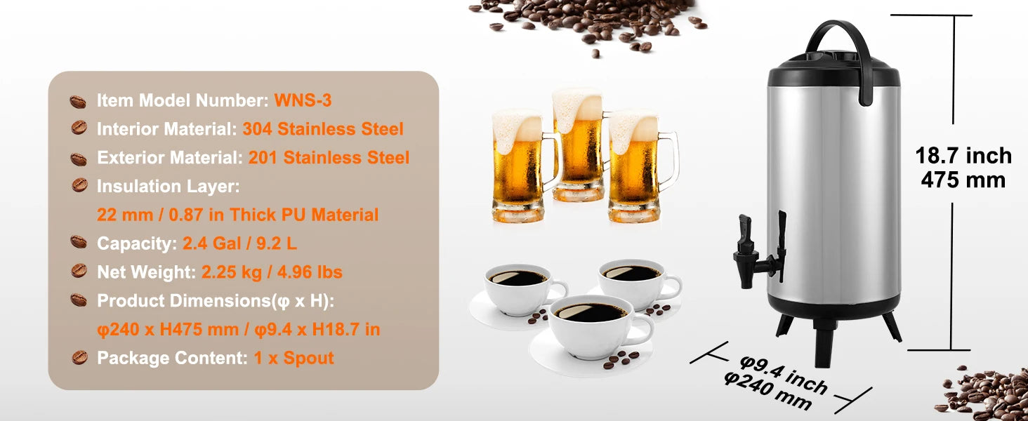 SucceBuy  Stainless Steel Insulated Beverage Dispenser 2 Gallon 7.6 Liter Thermal Hot and Cold Drink Server Dispenser
