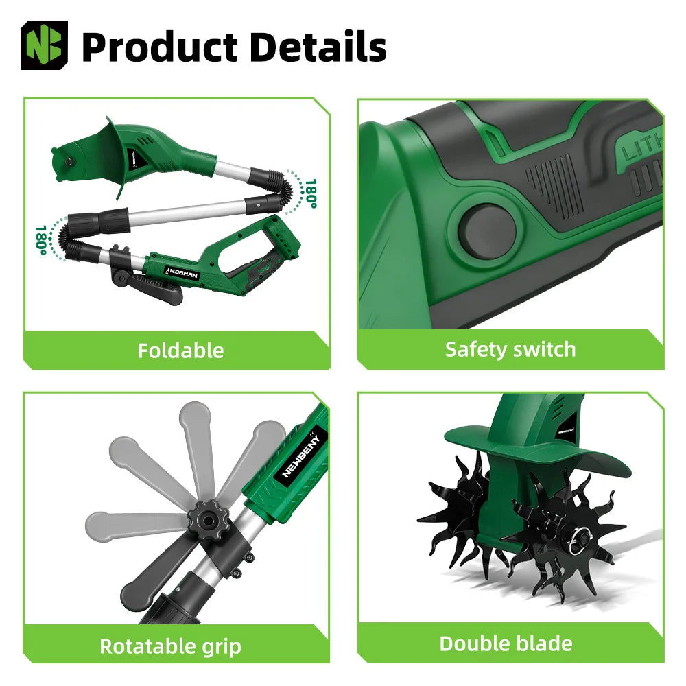 NewBeny Electric Garden Tiller Cultivator Scarifier Foldable Rototiller Soil Loosener Garden Tool