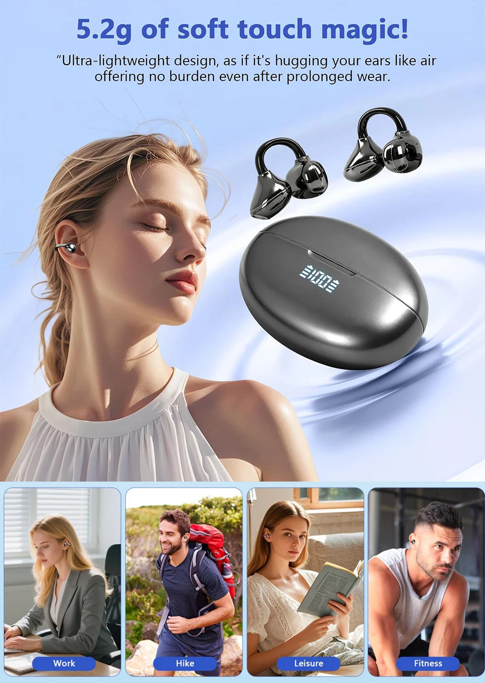 UYUXIO Clip Ear Open Earbuds BT 5.4 Headphones IPX7 Waterproof Headsets Clip on Earphones with Microphone for Sports Running
