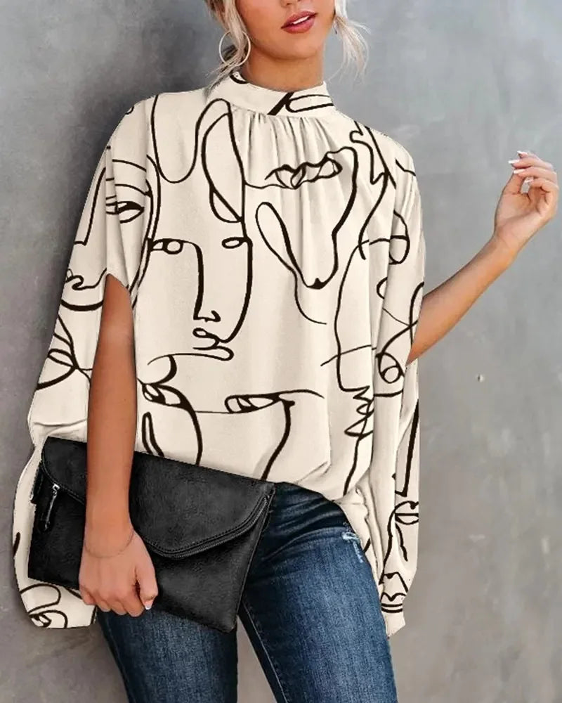 Casual Loose Women's Blouse Fashion Batwing Sleeve Print O-neck Shirts Top Spring Summer Office Lady Blouses Elegant Tops 2024