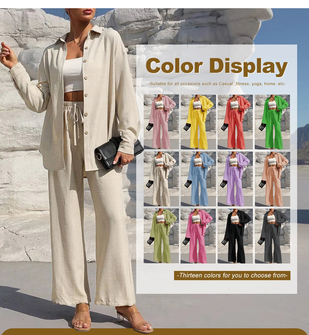 Women's Solid Button Front Shirt & Tie Front Wide Leg Pants Two-piece Set, Casual Drop Shoulder Long Sleeve Blouse Top & Trouser