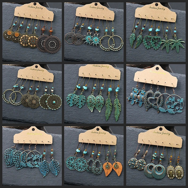 Boho 3Pcs/set Ethnic Leaf Bronze Earrings Set Vintage Hanging Earrings for Women Gypsy Statement Jewelry Accessories Pendientes Main image