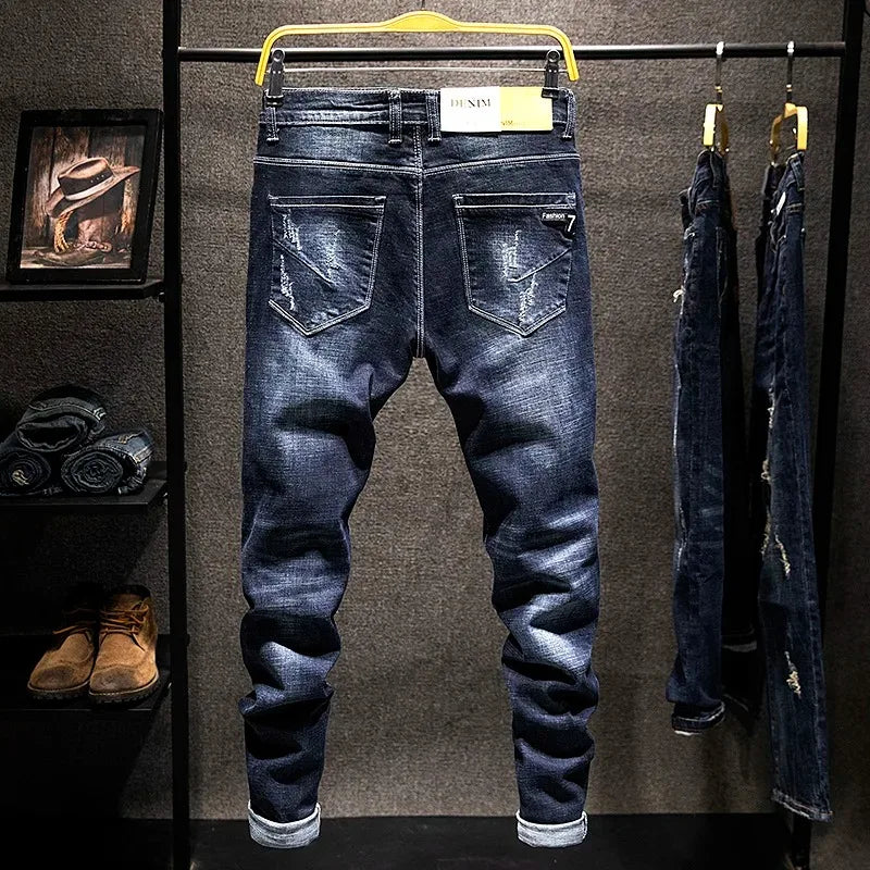 American Elastic Straight Jeans Men Ripped Worn-out Slim-fit Cotton Denim Pants Korean Style Fashion Blue Black Men's Clothing Secondary image