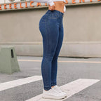 Women High Waist Stretch Denim Jeans Hip Lifting Skinny Pencil Pants Ladies Full Length Slim Solid Color Trousers