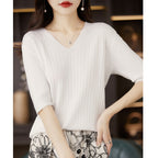 Women's Sweater Spring Summer Short Sleeve V-neck Knit Shirt Casual Korean Pullovers Stripe Bottoming Shirt Slim Fit Jumpers