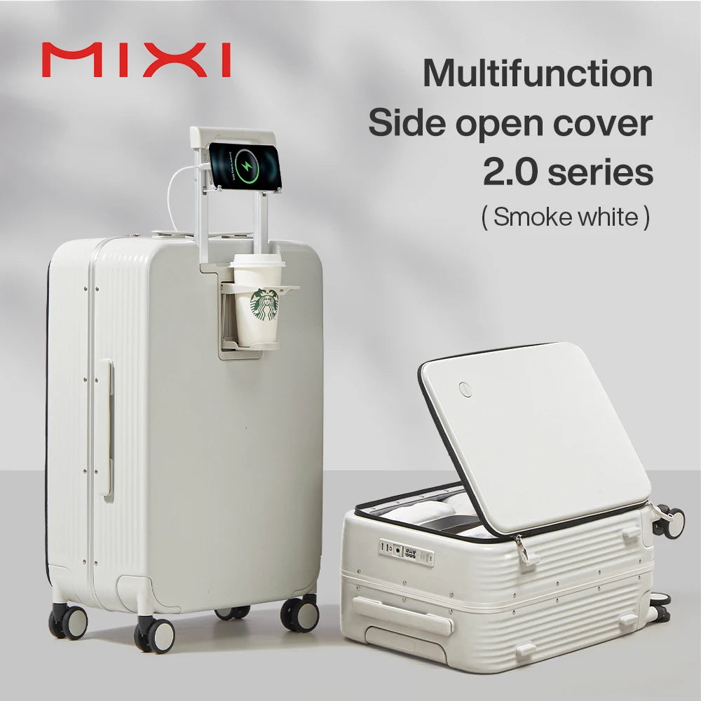 Mixi NEW Aluminum Frame Suitcase Carry On Rolling Luggage with USB Port Boarding Cabin Cup and Phone Holder 20 24 Inch