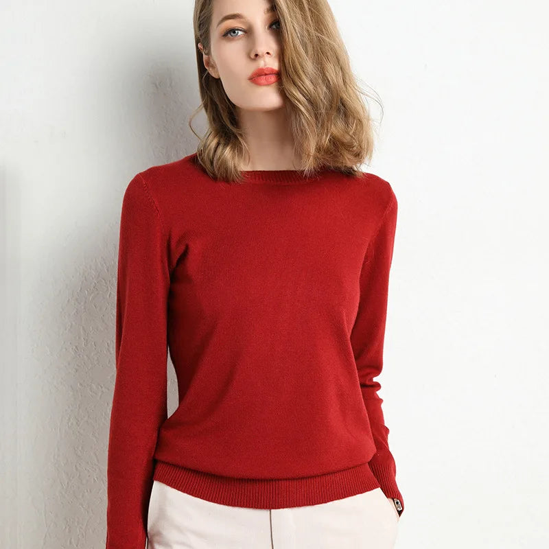 Women Slim O-Neck Pullover Cashmere Wool Blending Sweater Autumn And Winter Long-Sleeved Knit Bottoming Shirt Large Size 2024
