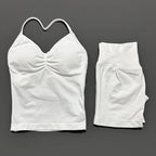 2 Pieces Sports Set Women Backless Halter Tops Fitness Tank Top High Waist Seamless High Stretch Shorts Gym Workout Sets
