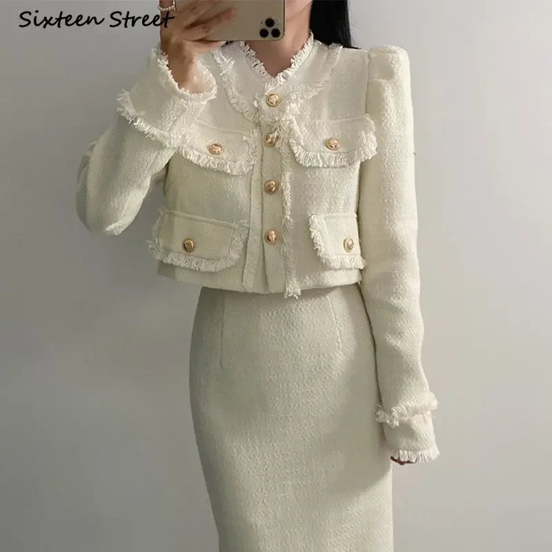 Beige Tweed Jacket + High Waisted Skirts Women Winter  Golden Button 2 Piece Sets Wool Luxury Vintage Skirts Sets Autumn Main image
