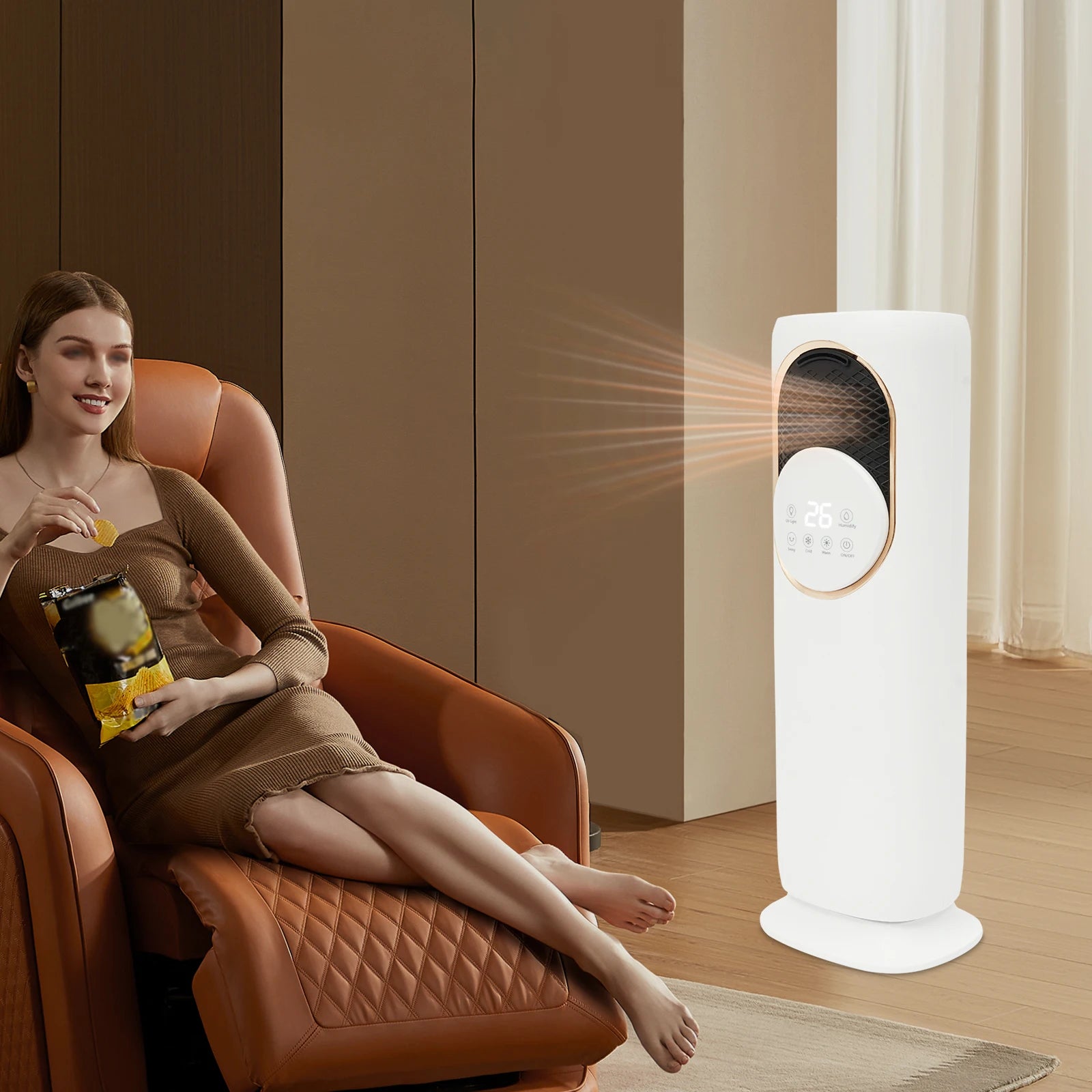 White Modern ABS Freestanding Air Conditioning Fan with Remote Touch Screen Control EU Plug Warm Cool Wind Timing Humidity Fan Main image