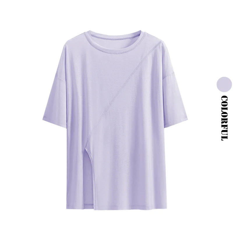 DRUR Women Thin Summer Yoga Shirts Loose Fit Breathable Workout Tops with Side Slits Lightweight Running Sport Tee Athletic Wear