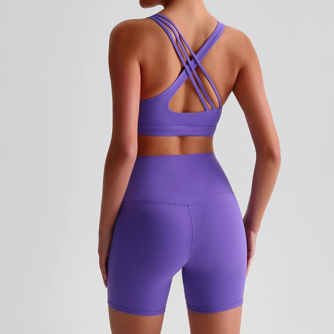 Solid Color High Waist Gym Yoga Short Legging Set Tight Women Cross Back High Impact Shoulder Strap Fitness Bra Top Sportwear Main image