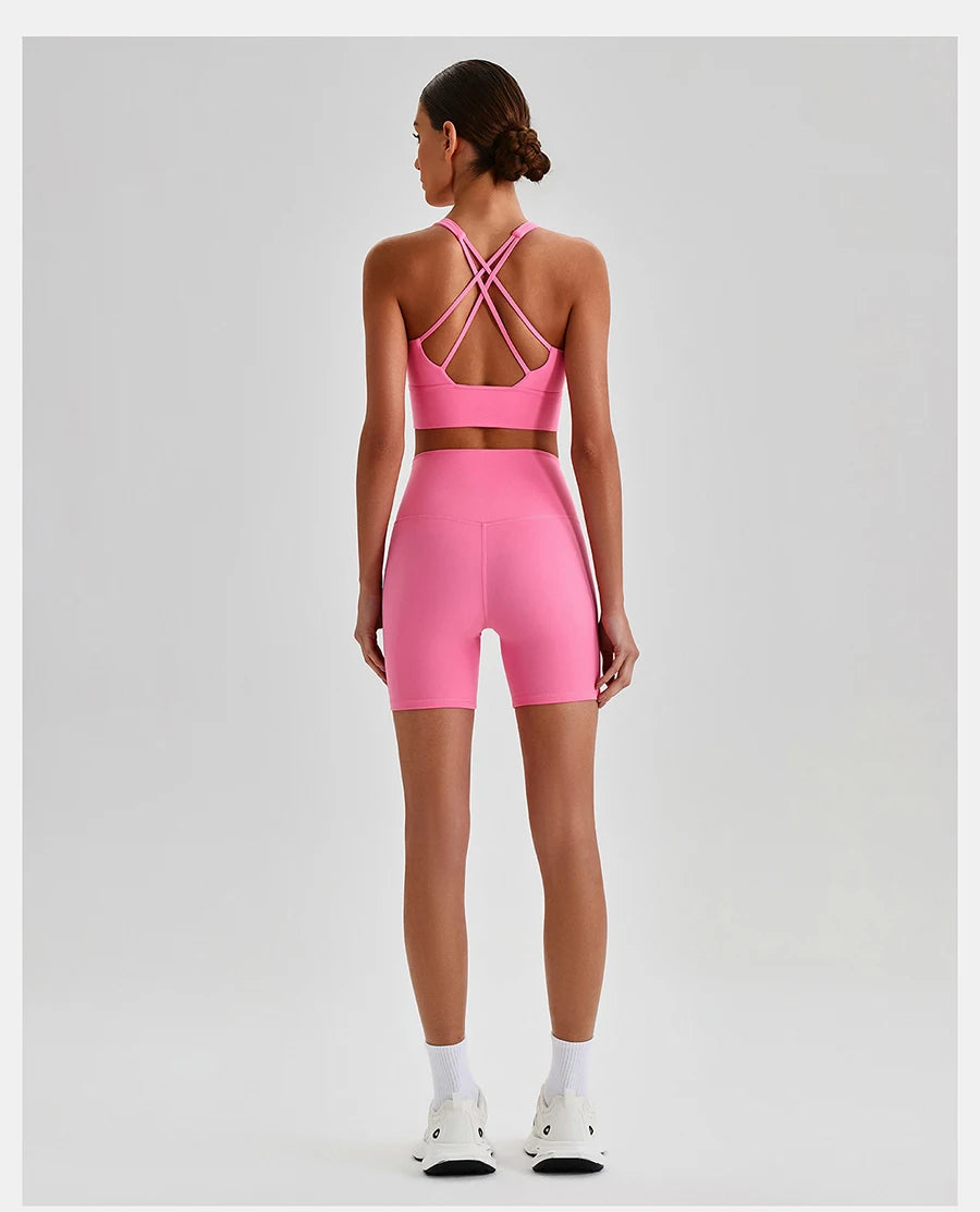 Buttery Soft Nylon Yoga Set Crisscross Back Sports Bra High Waist Biker Shorts 2 Piece Gym Set Workout Outfit Women Activewear