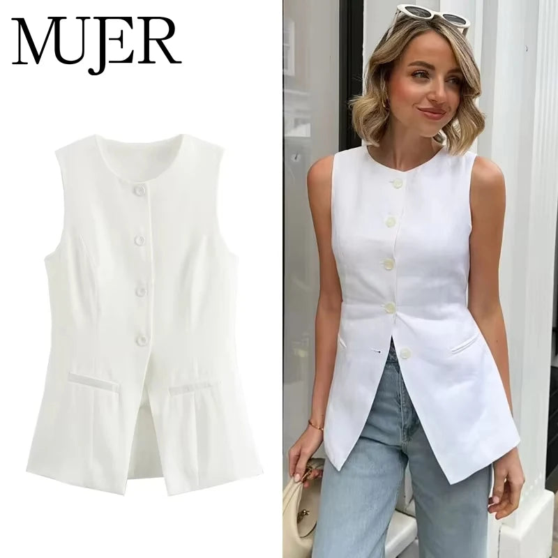 MUJER 2025 White Sleeveless Vest Women Button Summer Vests for Women Jacket Pink Vest Top Women Streetwear Women's Tailored Vest Main image