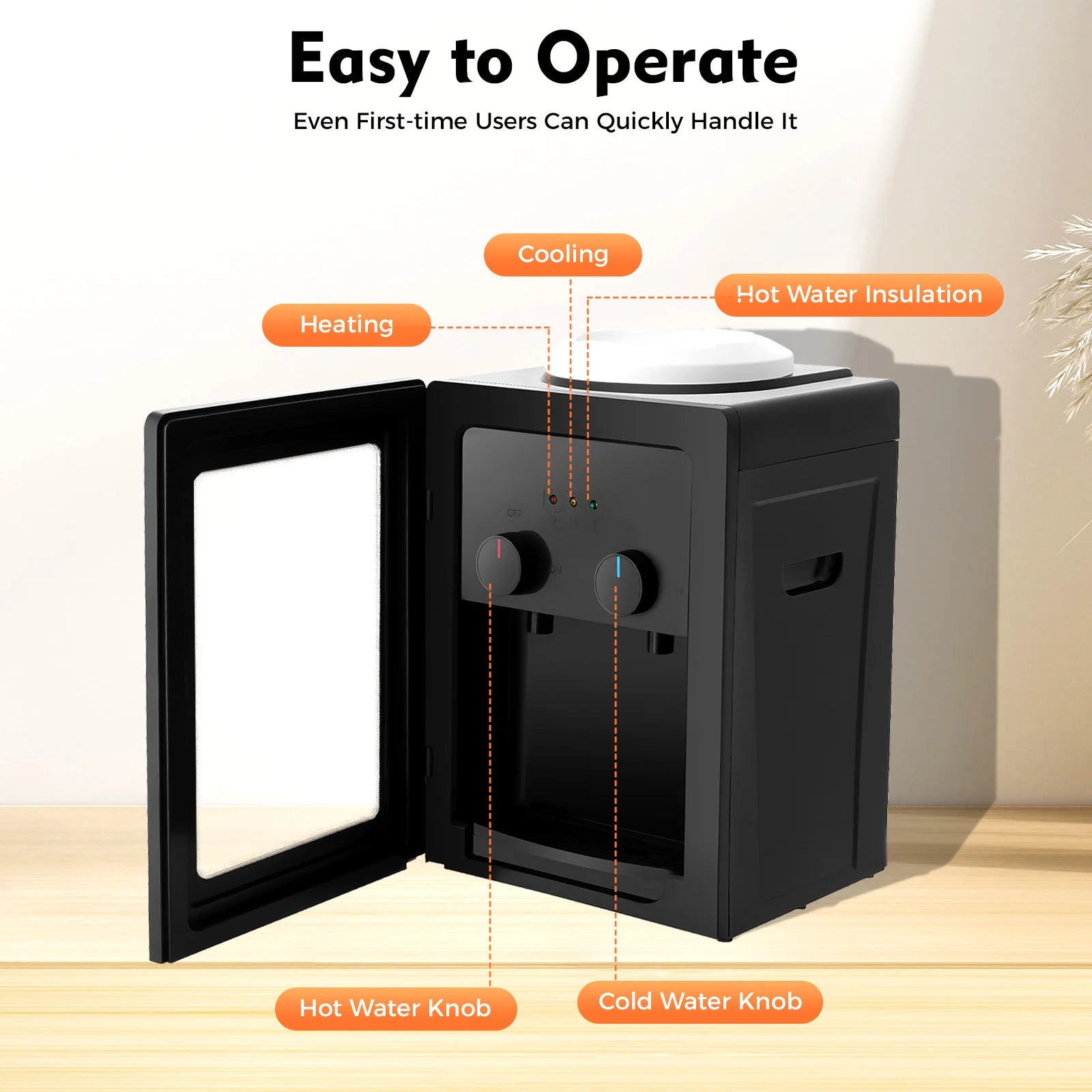 Compact Electric Water Cooler Fast Heating Hot Cold Desktop Dispenser with Removable Basin for Home Office Bedroom Use