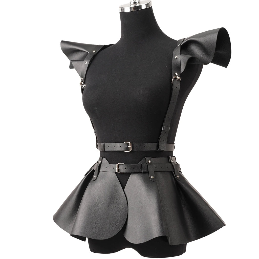 Leather Skirt Women's Belts Fashion Body Harness Belt Skirt With Ruffle Hem Gothic Style Waist &Shoulder Belt Clothing Accessory
